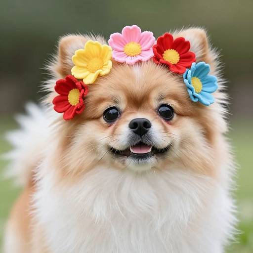 Cute Cartoon Japanese Spitz with Flowers