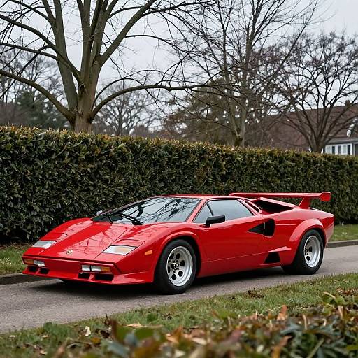Photograph of a vibrant red, classic Ferrari Testarossa with a large rear spoiler, parked on a suburban street, flanked by a tall,