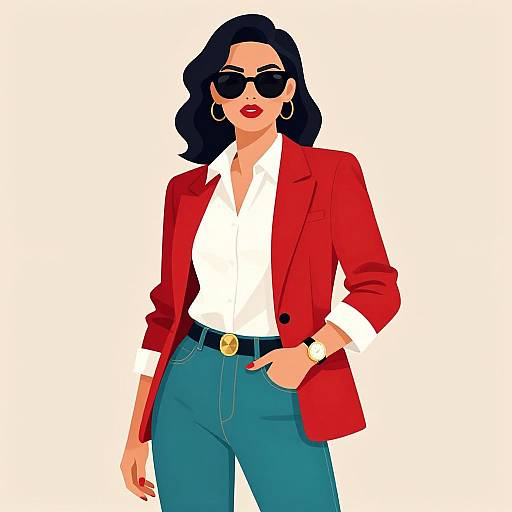 Digital illustration of a confident woman with wavy black hair, wearing a red blazer, white shirt, blue jeans, black belt, sunglasses, hoop