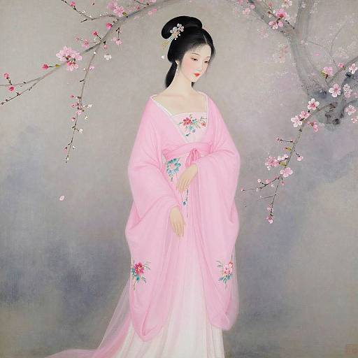 Digital painting of a serene Asian woman in a pink floral kimono, standing amidst cherry blossom branches, with soft gray background.