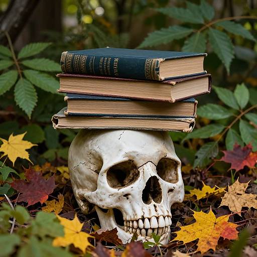 Photograph of a white skull with cracks, topped by three old, leather-bound books, surrounded by colorful autumn leaves in a forest.