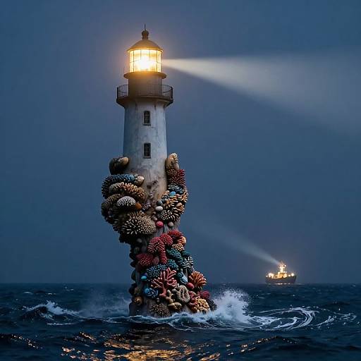 Photograph of a glowing lighthouse surrounded by colorful coral formations, illuminated by its light, with a distant ship's light on a dark, wavy