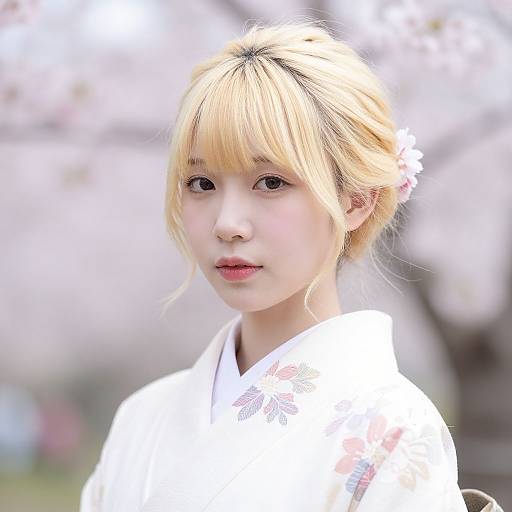 Photograph of an Asian woman with blonde hair, light skin, and pink lips, wearing a white floral kimono, against a blurred cherry blossom background