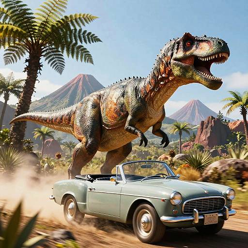 Photorealistic digital artwork: A green-blue classic convertible car drives through a prehistoric landscape, with a large, detailed T-Rex dinosaur standing on