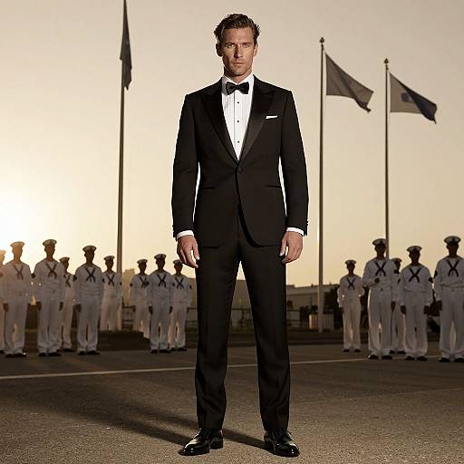 Photograph of a tall, handsome man in a black tuxedo with a bow tie, standing center-frame, flanked by a line of uniform