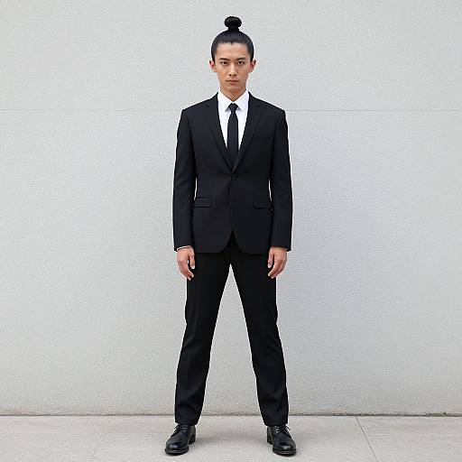 Photograph of a young Asian man with a topknot, wearing a black suit, white shirt, black tie, and black shoes, standing against