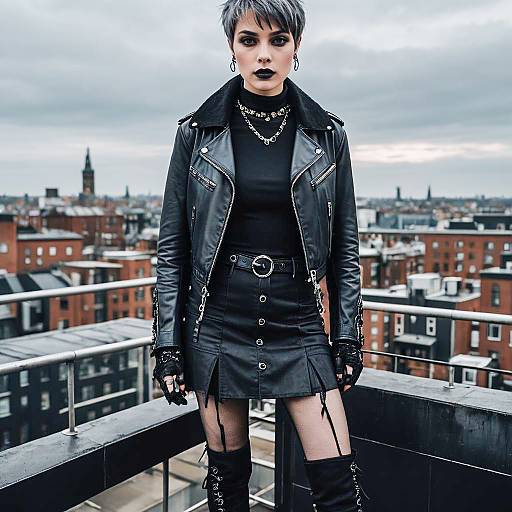 Goth Woman in Leather Jacket on Rooftop