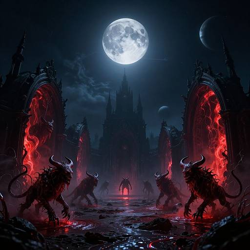 Digital art: Dark, gothic castle under full moon, surrounded by glowing red portals with demonic horned creatures, eerie mist, and ominous sky.