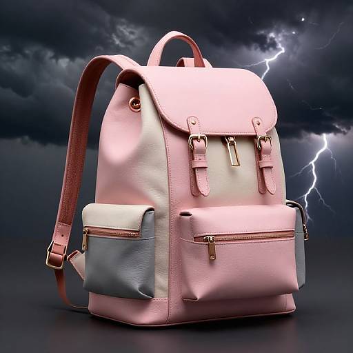 Photograph of a pink and white leather backpack with gold buckles, set against a stormy, lightning-filled night sky.