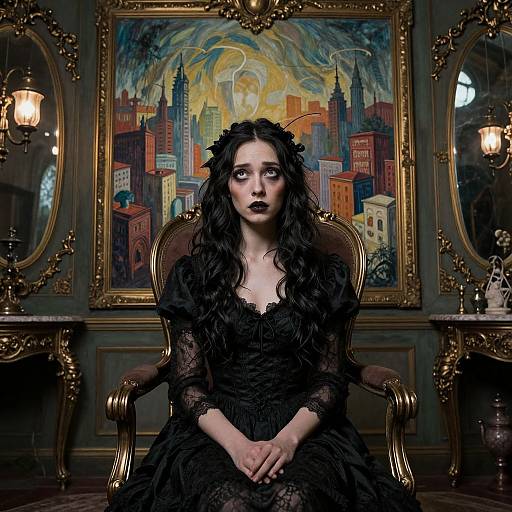Gothic woman with long black hair, dark makeup, lace dress, seated in ornate chair, stares at Van Gogh-style cityscape painting