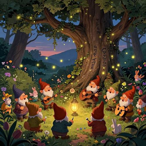Whimsical illustration of gnomes singing around a lantern under a glowing tree at twilight, surrounded by fireflies and colorful flowers.