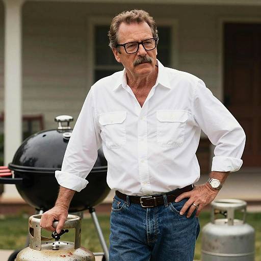 Photograph of an older white man with a mustache, wearing a white shirt, blue jeans, and glasses, standing by a black grill and metal