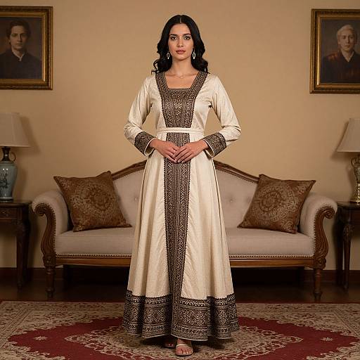 Photograph of a woman with long black hair, wearing a cream and brown embroidered traditional long dress, standing in a warmly lit living room with framed portraits