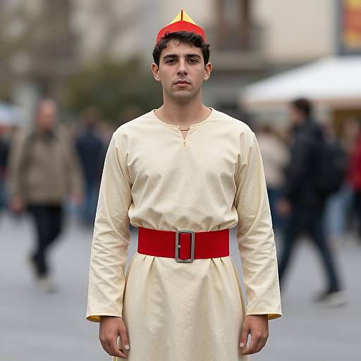 Photograph of a young man with short dark hair, wearing a red cap, cream tunic with red belt, standing in a blurred urban street.