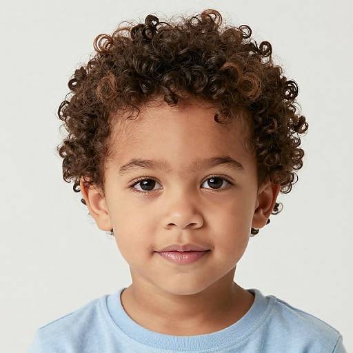 Photograph of a young boy with curly brown hair, brown eyes, light brown skin, wearing a light blue shirt, smiling subtly against a white background