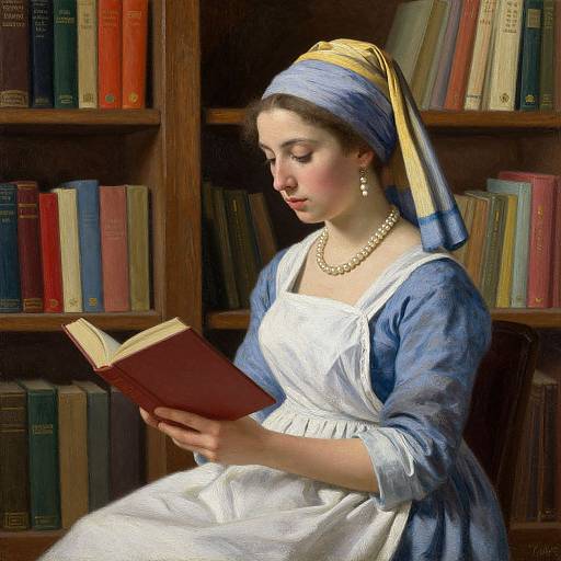 Photorealistic painting of a 17th-century woman in a blue dress, white apron, pearl necklace, and headscarf, reading a