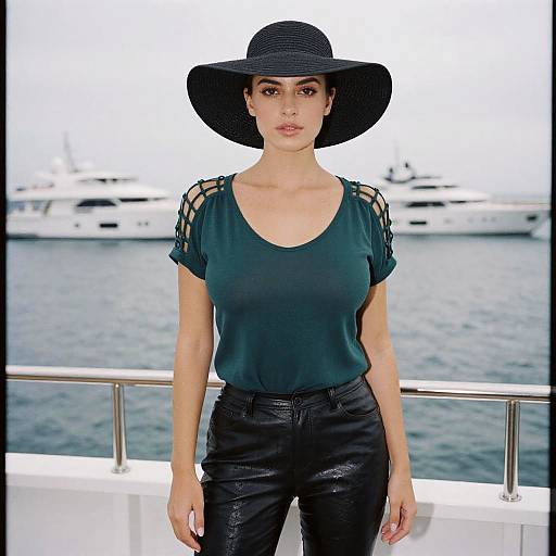 Photograph of a slender woman with fair skin, wearing a black wide-brimmed hat, teal top with lattice sleeves, and black leather pants,