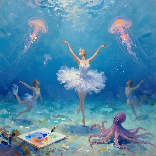 Digital painting of a ballerina in a white tutu underwater, surrounded by jellyfish, another ballerina, and an octopus, with