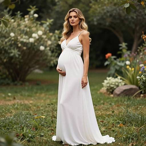 Photograph of a pregnant woman with wavy blonde hair, wearing a white, sleeveless, V-neck, flowing gown, standing in a lush,