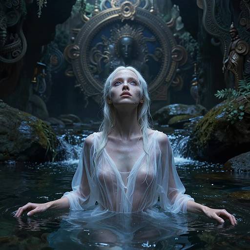Digital art: Ethereal, pale-skinned woman with long white hair, wet sheer white robe, reveals small breasts, standing in mystical dark forest pool