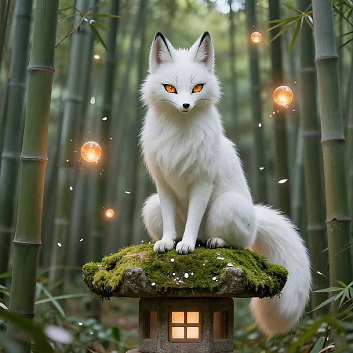 Digital artwork of a white fox with glowing orange eyes, sitting on a moss-covered lantern in a bamboo forest, surrounded by floating lanterns and falling petals