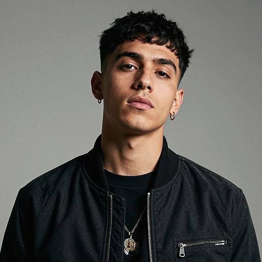 Photograph of a young, light-skinned man with short, dark hair, wearing a black jacket, necklace, and earrings, against a gray background