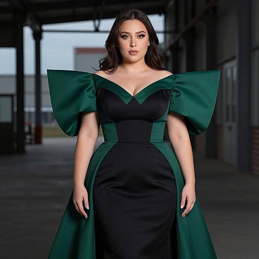 Photograph of a brunette woman with fair skin, wearing a black and emerald green off-shoulder dress with dramatic puffed sleeves, standing in