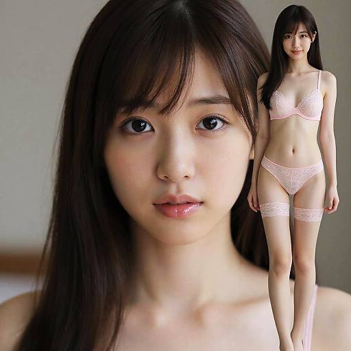 Photograph of an East Asian woman with long dark brown hair, wearing pink lace lingerie, standing in a neutral room, close-up face in foreground,