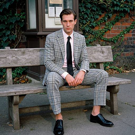 Photograph of a handsome man in a black-and-white plaid suit, white shirt, black tie, and black shoes, sitting on a weathered