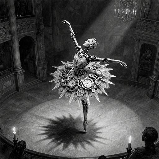 Monochrome digital drawing of a steampunk ballerina, adorned with gears and clockwork elements, performing in an ornate, dimly lit