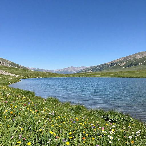 Photograph of a serene mountain lake surrounded by vibrant wildflowers, green grass, and clear blue sky with distant rocky hills.