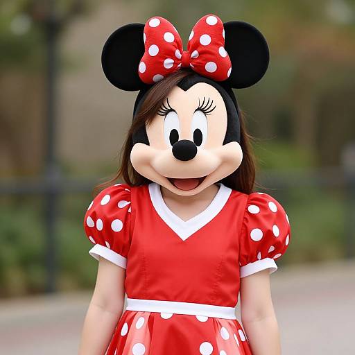 Photograph of a young girl dressed as Minnie Mouse, wearing a red polka dot dress with white trim, and a matching red bow with white