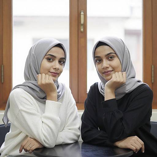 Portrait of Two Women in Grey Hijabs