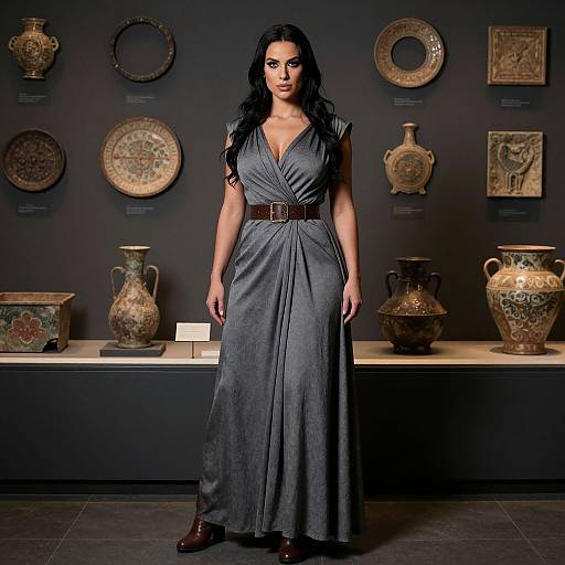 Photograph of a dark-haired woman in a gray, belted, V-neck dress standing in an antique pottery museum, surrounded by various ornate v