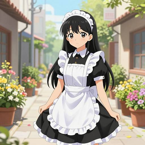 Anime-style digital illustration of a cute black-haired girl in a traditional French maid outfit, standing in a sunny, flower-filled alley.
