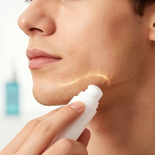 Close-up photograph of a young man with light brown skin applying a white skincare product to his cheek with a white tube.