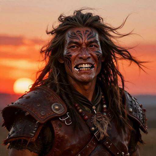 Photograph of a fierce, dark-skinned warrior with wild hair, painted face, and tribal armor, set against a vibrant sunset. Grimacing,