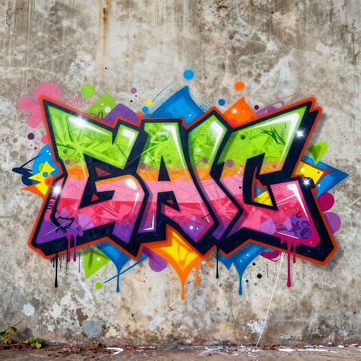 Vibrant graffiti art on a weathered concrete wall, featuring bold, colorful letters in green, pink, blue, and yellow with black outlines,