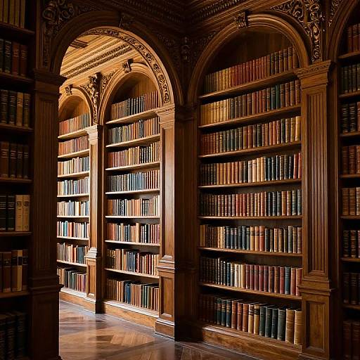 Photograph of a grand, sunlit library with tall, arched wooden bookshelves filled with colorful, neatly aligned books, showcasing intricate architectural details