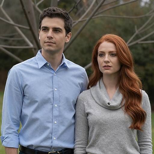 Photograph of a tall, dark-haired man in a light blue button-up shirt standing beside a fair-skinned, red-haired woman in a gray c