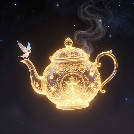 Glowing, ornate, golden teapot with intricate designs and steam, floating in dark space, with a small, white fairy perched on