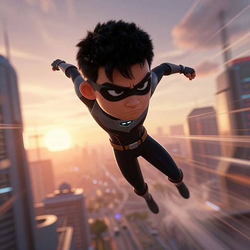 Cartoon-style, 3D-rendered, black-haired superhero with mask, flying through a sunset-lit, bustling cityscape, arms outst