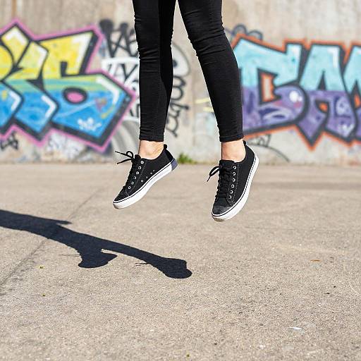 Photograph of a person's lower legs in black jeans and black sneakers, mid-jump, casting a shadow on a graffiti-covered concrete wall. Vibr