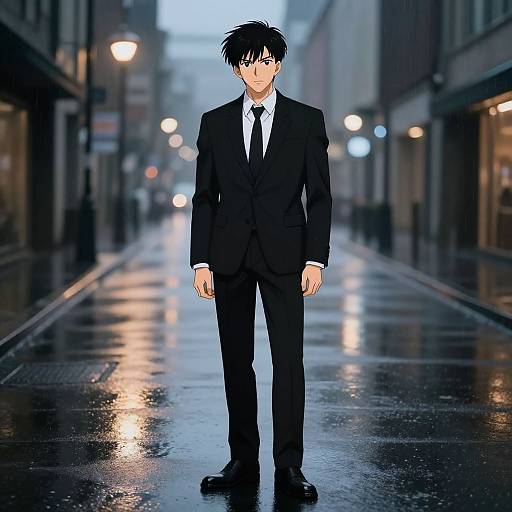 Confident Anime Guy in Rainy City