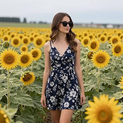 Photograph of a young woman with long brown hair, wearing black floral dress and sunglasses, standing in a vibrant sunflower field.