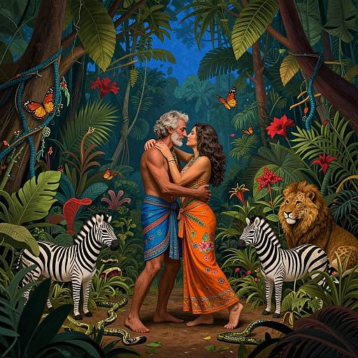 Illustration of a muscular, gray-haired man and a curvy, dark-haired woman in colorful tropical attire, kissing in a lush jungle with zebras