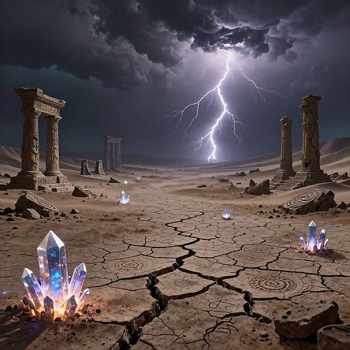 Fantasy desert scene with ancient ruins, glowing crystals, and a bright lightning strike illuminating the dark, stormy sky. Photorealistic CGI.
