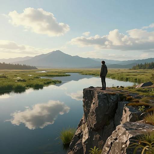 Photograph of a lone figure standing on a rocky cliff, overlooking a reflective river and vast, grassy landscape with mountains under a partly cloudy sky.