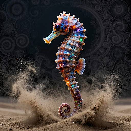 Vibrant, illuminated seahorse with colorful lights and spikes, surrounded by splashing sand, against a swirling dark background. Digital art.
