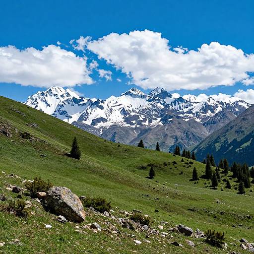 Photograph of a vibrant mountain landscape with snow-capped peaks, bright blue sky, fluffy white clouds, and a lush green grassy hill in the